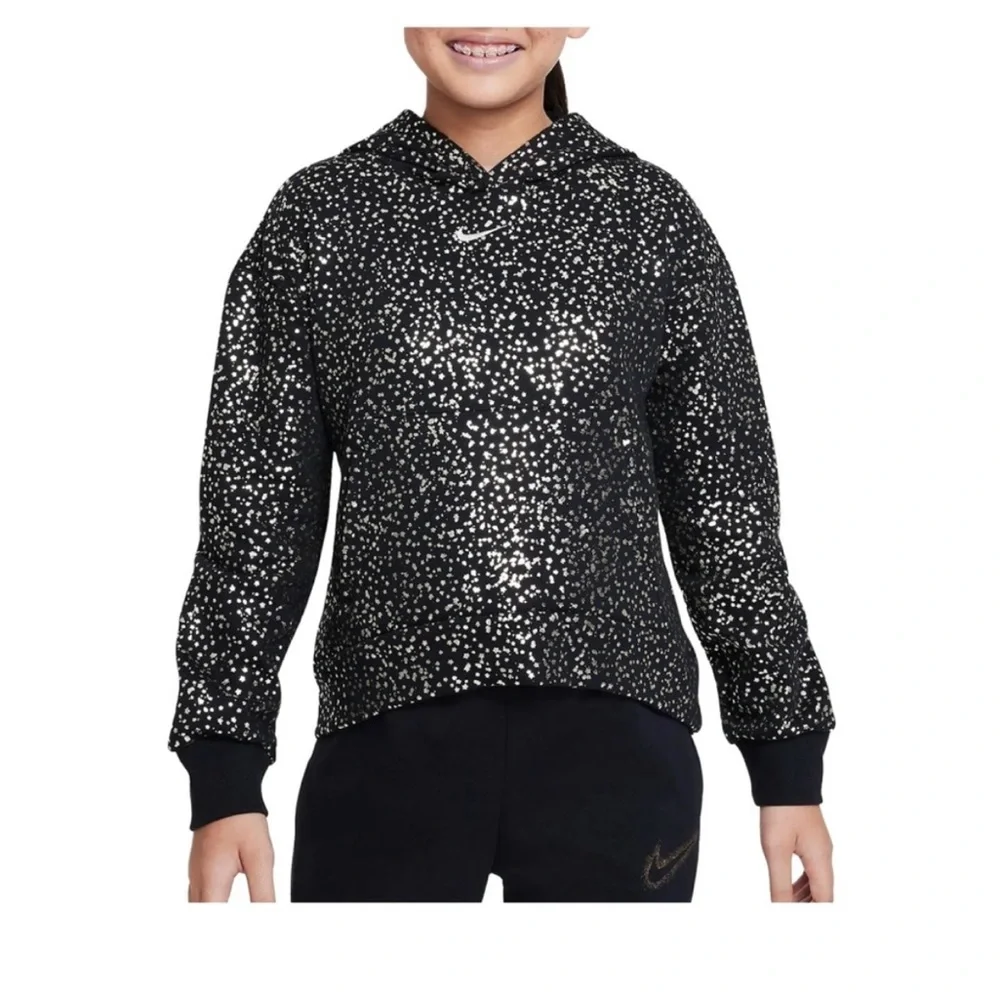 Nike hoodie sportswear fleece Black Metallic Gold Patterned Hoodie Girl’s large - Picture 2 of 4